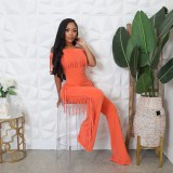 EVE Solid Color One Shoulder Tassel Jumpsuit GCNF-0236