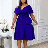 EVE Plus Size V Neck Belt Solid Color Midi Dress GCZF-8626