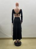 EVE Long Sleeve Ruffles Split Maxi Dress QOUY-6061