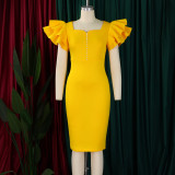 EVE Plus Size Beaded Ruffle Sleeve Gown Midi Dress GATE-D575