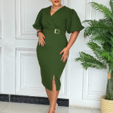 EVE Plus Size V Neck Bubble Sleeve Solid Color Midi Dress GMLF-3331