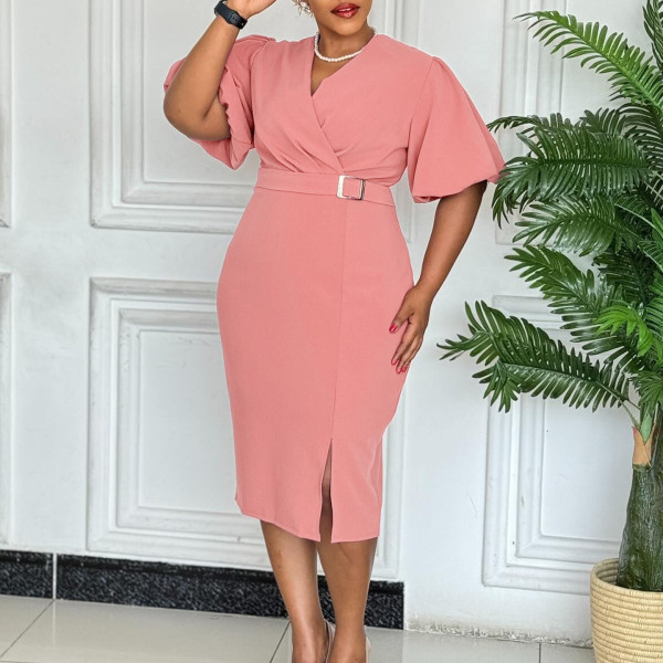 EVE Plus Size V Neck Bubble Sleeve Solid Color Midi Dress GMLF-3331