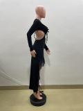 EVE Long Sleeve Ruffles Split Maxi Dress QOUY-6061