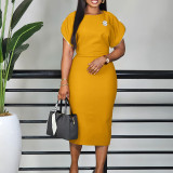 EVE Plus Size Solid Color Slim Midi Dress(With Brooches) GATE-581