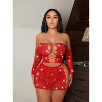 EVE Rhinestone Tube Tops Mesh Lingerie Two-piece Skirt Set GYDE-T9058
