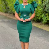 EVE Plus Size Ruffle Sleeve Hot Drill Midi Dress GATE-580