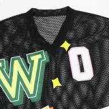 EVE V Neck Mesh Letter Print T Shirts CYA-901722