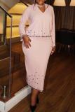 EVE Plus Size V Neck Hot Drill Long Sleeve Split Skirts Two-piece Set NY-3591