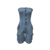 EVE Sexy Tube Top Single-breasted Denim Romper LSD-2437