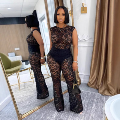 EVE Sleeveless Lace See Through Two Piece Pants Set NY-3599