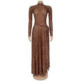 EVE Leopard Print Long Sleeve Split Maxi Dress BY-7308