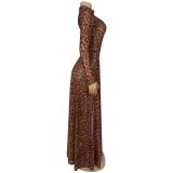 EVE Leopard Print Long Sleeve Split Maxi Dress BY-7308
