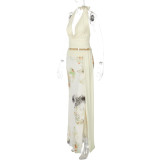 EVE Backless Wrap Splicing Mesh Printed Split Long Skirt Set GLAG-S5218548G