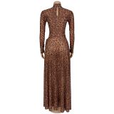 EVE Leopard Print Long Sleeve Split Maxi Dress BY-7308