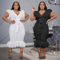 EVE V Neck Solid Color Patchwork Midi Dress CYA-901712