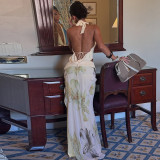 EVE Backless Wrap Splicing Mesh Printed Split Long Skirt Set GLAG-S5218548G