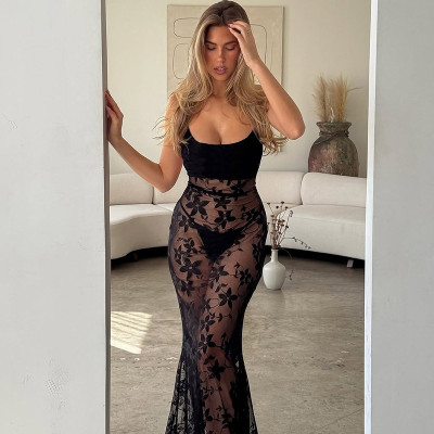EVE Backless Patchwork Lace Sling Maxi Dress GLAG-D5318604G