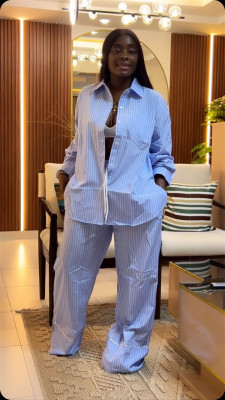EVE Lapel Loose Stripe Shirt Wide Leg Pants 2 Piece Set GCNE-72466