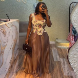 EVE Print Sleeveless Vest Pleated Long Skirt Suit GCNE-72454