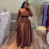 EVE Slash Neck Long Sleeve Solid Maxi Dress GCNE-72458