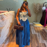 EVE Print Sleeveless Vest Pleated Long Skirt Suit GCNE-72454
