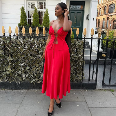 EVE Sexy Solid Color Tie Up Tops And Long Skirts Suit  GCNE-72416