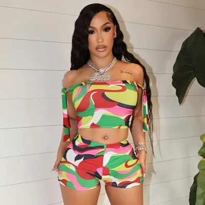 EVE Colorful Print One Shoulder Tie Up Short Suit GDSF-D25ST096