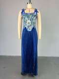 EVE Print Sleeveless Vest Pleated Long Skirt Suit GCNE-72454