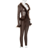EVE CSolid Mesh Spliced Fur Long Sleeve Top Skinny Pants Set GDSF-D25ST065