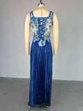 EVE Print Sleeveless Vest Pleated Long Skirt Suit GCNE-72454