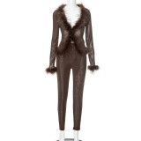 EVE CSolid Mesh Spliced Fur Long Sleeve Top Skinny Pants Set GDSF-D25ST065