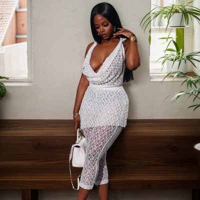 EVE Deep V Neck Lace Tops And Seventh Pants Suit GDSF-J25ST036
