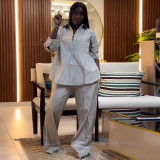 EVE Lapel Loose Stripe Shirt Wide Leg Pants 2 Piece Set GCNE-72466