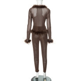 EVE CSolid Mesh Spliced Fur Long Sleeve Top Skinny Pants Set GDSF-D25ST065
