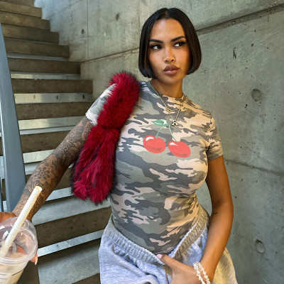 EVE Tight Camouflage Cherry Print Short Sleeve T-Shirt GDSF-D25TP121