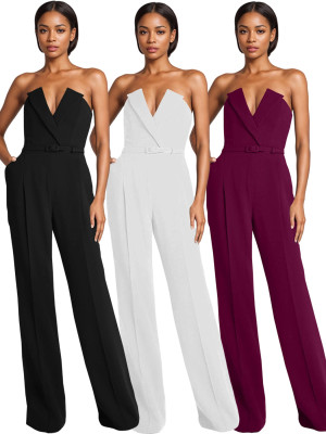 EVE Solid Color Wrap Chest Slim Jumpsuit(With Belt) OD-8742