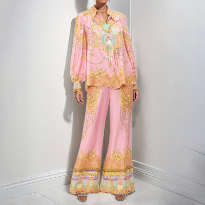 EVE Plus Size Long Sleeve Pink Printed Shirt Pants Casual Set GMAN-29121