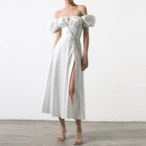 EVE Plus Size Off Shoulder Bubble Sleeve Tie Maxi Dress GMAN-8141