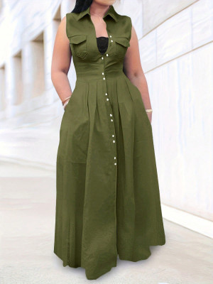 EVE Solid Color Sleeveless Single-breasted Maxi Dress SH-391375