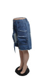 EVE Loose Casual Big Pockets Tassel Denim Shorts QXTF-8505