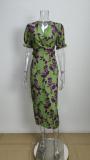 EVE Plus Size Print V Neck Pleated Maxi Dress GMAN-28272