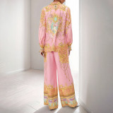 EVE Plus Size Long Sleeve Pink Printed Shirt Pants Casual Set GMAN-29121
