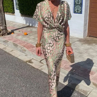 EVE Plus Size Sexy V Neck Print Maxi Dress GMAN-28206