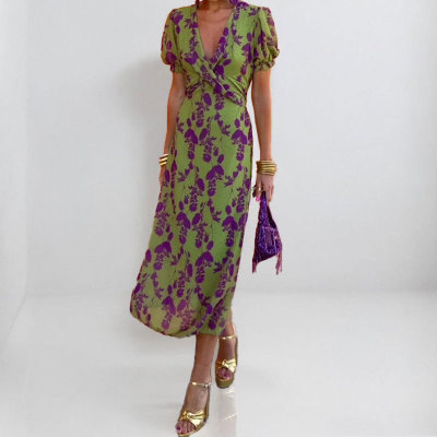 EVE Plus Size Print V Neck Pleated Maxi Dress GMAN-28272