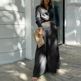 EVE Plus Size Long Sleeve Solid Color Shirt Two Piece Pants Set GMAN-8777
