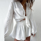 EVE Plus Size Solid Color Shirt And Ruffles Shorts 2 Piece Set GMAN-8932