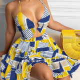 EVE Plus Size Hollow Out Strappy V Neck Print Midi Dress GMAN-21503