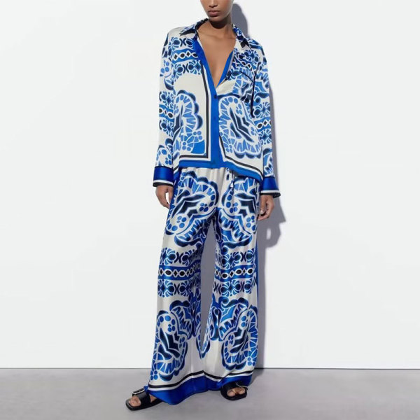 EVE Plus Size Print Long Sleeve Shirt Two Piece Pants Set GMAN-24509