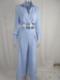 EVE Plus Size Long Sleeve Solid Color Shirt Two Piece Pants Set GMAN-8777