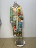 EVE Plus Size Printed Lantern Sleeve Belted Shirt Dress GMAN-28068